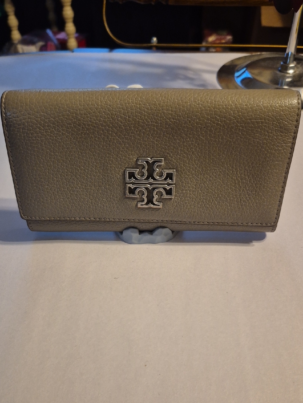 Tory Burch Pebbled Leather Clutch Wallet in Taupe Gray